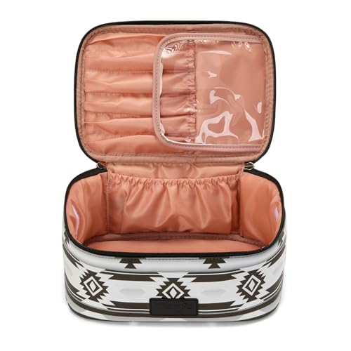 Montana West X Wrangler Travel Makeup Bag 2pcs Set Large Cosmetic Bag with Makeup Brush Holder Portable Make Up Organizer Cute Toiletry Bag with Divider and Handle for Women Aztec - color: Aztec-Black