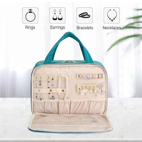 Hanke Hanging Travel Toiletry Bag for Women with Jewelry Organizer Compartment, Travel Essentials Toiletries and Makeup Bag, Water-Resistant & Stain-Resistant with Trolley Strap (Turquoise Green) - color: Turquoise Green