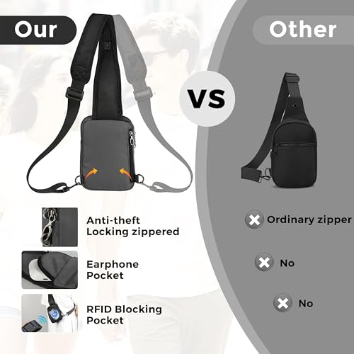 VADOO Sling Bag, Crossbody Bag with Zipper Lock, RFID Blocking & Water Resistant for Men and Women - color: Gray