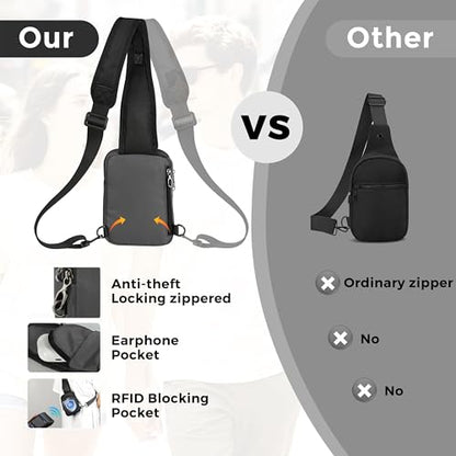 VADOO Sling Bag, Crossbody Bag with Zipper Lock, RFID Blocking & Water Resistant for Men and Women - color: Gray