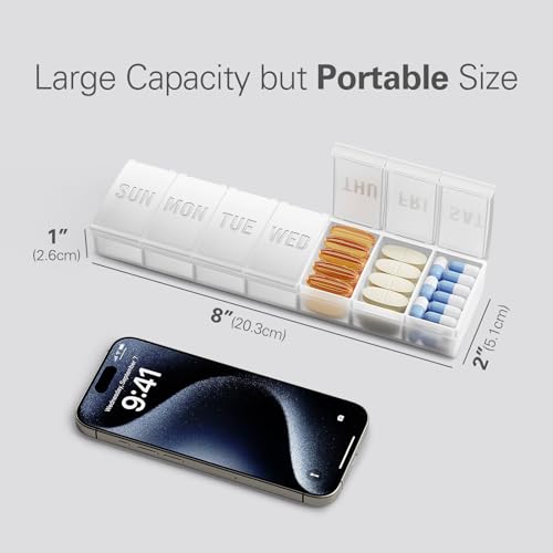 Barhon Pill Organizer Large, Weekly Medicine Pill Organizers, 7 Day Pills Box Case Travel for Big Vitamin Supplements Fish Oil, White - color: White