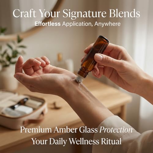 PrettyCare 4 Pack, 10 ml Essential Oil Roller Bottles with Stainless Steel Roller Ball - Refillable Leak-proof Empty Thick Amber Glass Roll on Bottles with Wooden Caps for Travel, Perfume - color: Amber with Wooden Cap, size: 4 Pack