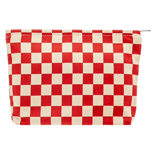 PAZIMIIK Makeup Bag Large Zipper Corduroy Make Up Pouch for Purse Travel Canvas Cosmetic Organizer for Women Brush Storage,Checkered Red - color: Checkered Red