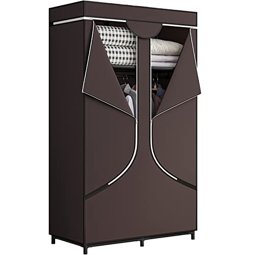 SORCEDAS Portable Wardrobe Closet Storage Organizer Metal Hanging Rack Non-Woven Fabric 34 Inch Coffee (34 Inch, Coffee) - color: Coffee, size: 34 Inch