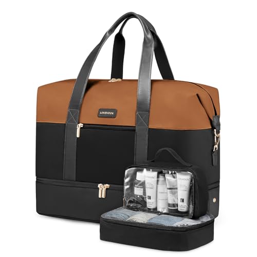 LOVEVOOK Weekender Bag for Women, Large Duffle Bag for Travel with 2 Packing Cubes, Carry on Overnight Bag with Shoe Compartment, Mom Hospital Bags for Labor and Delivery - color: Black-Brown, size: 56L-3Pcs