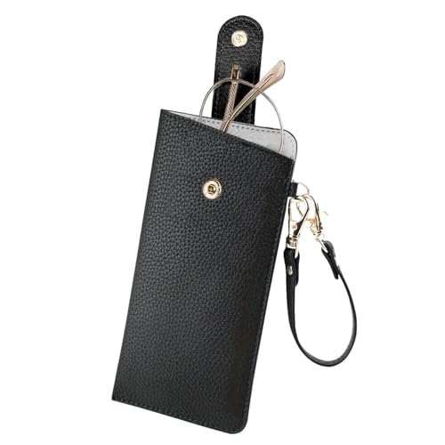 CHANGAR Portable Glasses Case Soft Leather Sunglasses Case with Wrist Strap Travel Sunglass Organizer Pouch with Hanging Hook - color: Black
