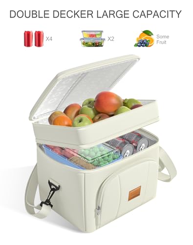 Rnivvi Lunch Box for Women, Double Decker Insulated Cooler Bag Lunch Bag Reusable Leakproof Tote Lunch Container with Strap for Work Family Picnic Hiking Camping, 18 Cans 12L, Large Adults, White - color: White