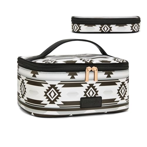 Montana West X Wrangler Travel Makeup Bag 2pcs Set Large Cosmetic Bag with Makeup Brush Holder Portable Make Up Organizer Cute Toiletry Bag with Divider and Handle for Women Aztec - color: Aztec-Black