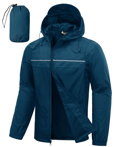 SWISSWELL Mens Rain Jacket & Coats Packable Lightweight Waterproof Windbreaker Hooded for Golf Cycling Hiking - color: Lake Blue+packable, size: XX-Large