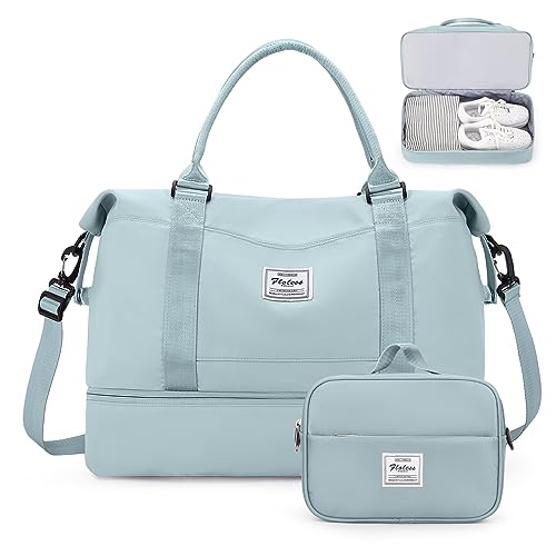 Weekender Bags for Women,Personal Item Travel Bag with Shoes Compartment,Overnight Travel Duffel Bag with Toiletry Bag - color: Light Blue, size: Large