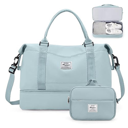 Weekender Bags for Women,Personal Item Travel Bag with Shoes Compartment,Overnight Travel Duffel Bag with Toiletry Bag - color: Light Blue, size: Large