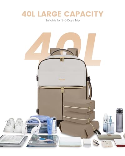 LOVEVOOK Travel Backpack for Women, TSA Carry On Backpack Flight Approved Luggage, 40L Water Resistant Personal Item Daypack Large Weekender Bag fit 17 inch Laptop with 3 Cubes, Beige-khaki-black - color: Beige-khaki-black, size: 40L-17.3 Inch-4Pcs