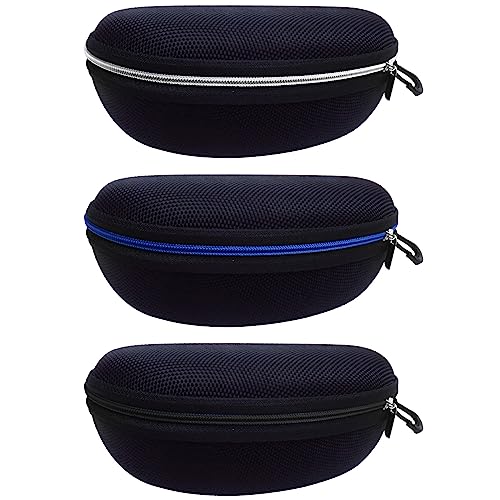 3 Pack Zipper Shell Eyeglasses and Sunglasses Case with Plastic Carabiner Hook - color: Black+blue+sliver