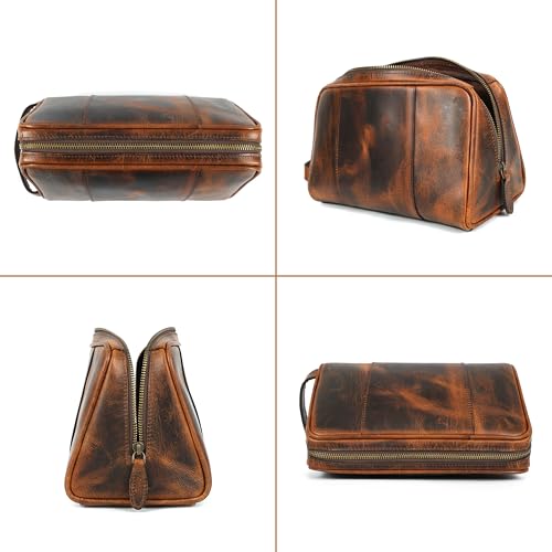 ELIZO Premium REAL Leather Toiletry Bag for Men Dopp Kitt Hanging Mens Toiletry Large TSA Toiletries Bag Shaving Grooming Bag Organizer - size: Large