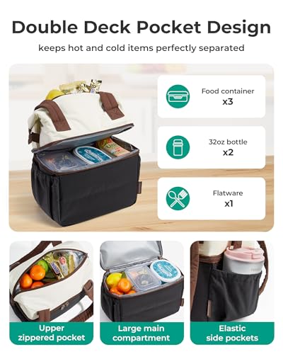 BAGSMART Double Deck Lunch Bag Women, Insulated Reusable Lunch Box, Quilted Puffer Lunch Tote with Shoulder Strap, Durable Large Lunch Cooler For Work Picnic Travel Meal Prep Flight, Beige + Black - color: Beige + Black