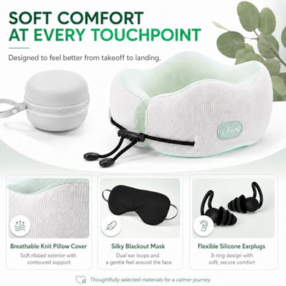 Memory Foam Travel Neck Pillow for Airplane Travel, Head and Chin Support, Adjustable Strap, Washable Cover, Carry Case