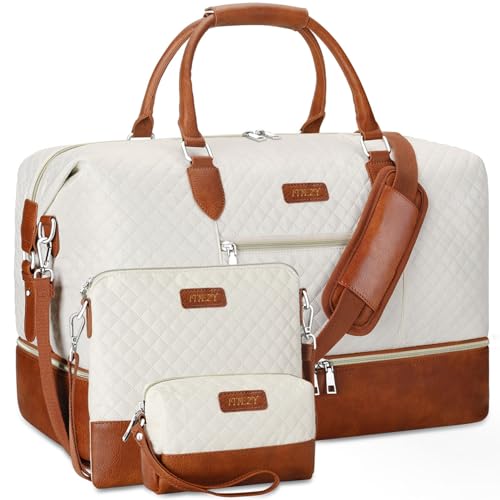 ITIEZY Weekender Overnight Bag for Women - Large Travel Duffel Bag with Shoe Compartment, Gym Duffel Bag Hospital Bag Carry On Tote Bags for Airplanes with Crossbody Bag Toiletry Bag 3Pcs Set - color: 2-Beige