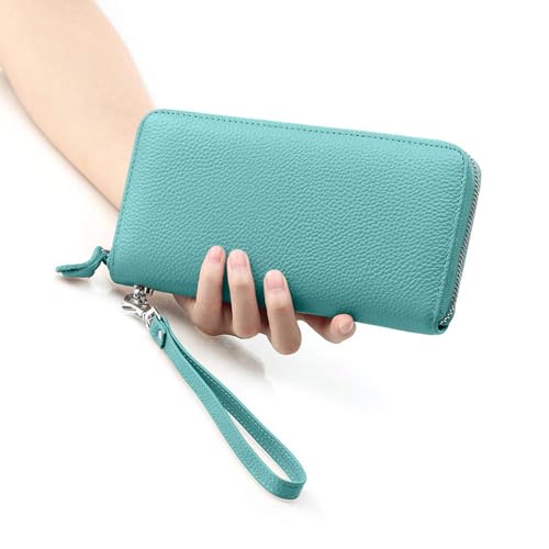 Moflycom Womens Wallet RFID Blocking Genuine Leather Zip Around Wallet Clutch Wristlet Travel Long Purse for Women - color: Teal Blue