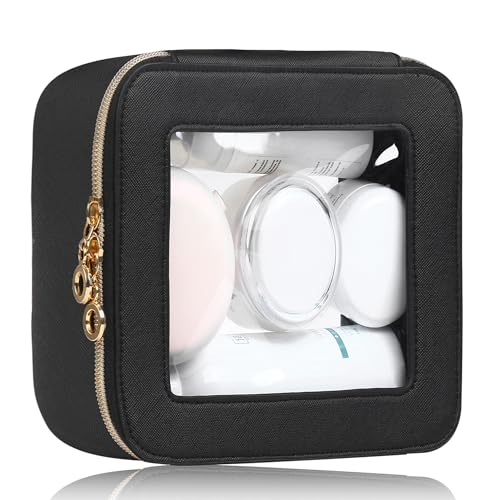 Small Clear Makeup Bag for Purse, Cute Mini Clear Cosmetic Bag Case Organizer, TSA Approved Square Small Makeup Case Pouch with Zipper, Car Travel Purse Essentials for Women (Black,S) - color: Black, size: Mini