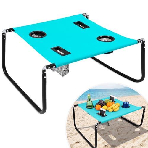 Portable Beach Table Foldable Camping Picnic Table with Cup Holder and Phone Pockets Lightweight Stable for Tailgate Travel Fishing Hiking and Outdoor Adventures(Lake Blue,Solid Pattern) - color: Lake Blue