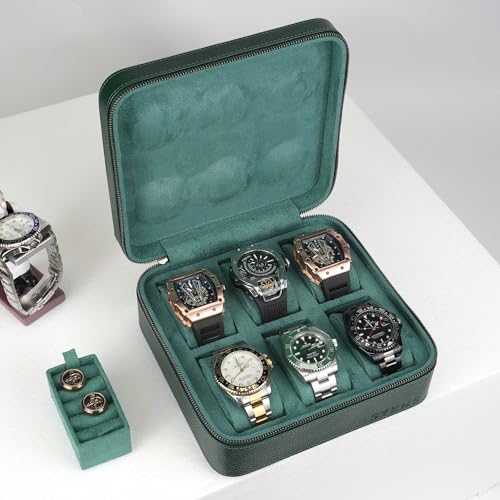 Watch Travel box Real Top-grain Leather, 6 Watches Storage Organizer Roll Case for Man and Women, Leather Packing Box with Suede to Protection Zipper Fit All Watches Up to 60mm (6W-Z-GRL) - color: 6W-Z-GRL