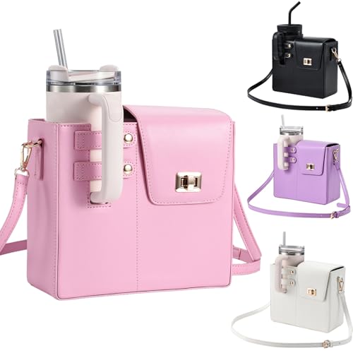 Outdoor Portable Crossbody Water Cup Purse Bag Water Bottle Carrier Bag with Phone Pocket Tumbler Carrier with Strap - color: Pink