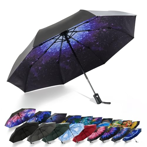 SY COMPACT Travel Umbrella - Windproof Automatic Compact Umbrella for Rain, Lightest 8-Rib, Small, Strong & Portable, Durable Grip, Fits Backpack & Car, Factory Direct (UV Available) - color: UPF-Starry sky blue
