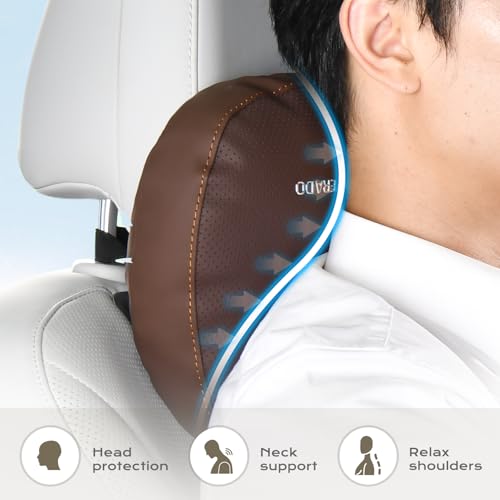 Coverado Leather Car Headrest Pillow Car Neck Pillow with Adjustable Strap, Head Support Rest Driver Relax Head Muscles Relieve Driving Fatigue, Breathable & Removable Cover, Coffee - color: Coffee, size: 1 Piece