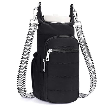 Water Bottle Bag 40 oz Crossbody Bag Insulated Carrier Purse Holder for Walking Hiking with Adjustable Strap - color: Black