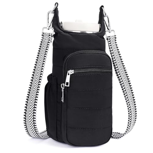 Water Bottle Bag 40 oz Crossbody Bag Insulated Carrier Purse Holder for Walking Hiking with Adjustable Strap - color: Black