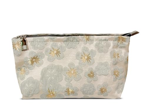 HAPPYHEIDI Small Cute Vintage Floral Makeup Bag Purse Pouch, Accessory Organizer, Metal Zipper, Aesthetic Textured Fabric, Golden Beige Medium - color: Classic Vintage Golden Medium