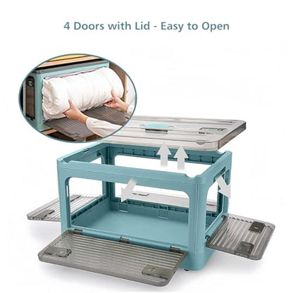 Folding Storage Bins, 50 Liters, 2 Pcs Blue plastic Storage Containers with Wheels, Double Doors, Foldable, Stackable, Plastic Box with Lids for Organization, Storage Cart