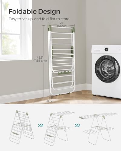 SONGMICS Clothes Drying Rack, Foldable 2-Level Laundry Drying Rack, Free-Standing Laundry Airer, with Height-Adjustable Wings, 33 Drying Rails, Sock Clips, White and Green ULLR053C01V1 - color: White + Green, size: 2 Tiers（22"d x 61.8"w x 64.3''h )