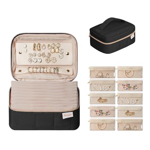 KarSyon Travel Jewelry Case Organizer Jewelry Box with 10 Velvet Pouches Mini Jewelry Organizers Storage for Girls/Women Small Cute Puffer Bags for Earrings,Rings,Necklaces,Bracelets (Black, Large) - color: Black, size: Large