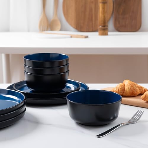 Melamine Dinnerware Sets, 12 Pcs Unbreakable Plates and Bowls Set, Outdoor Dinnerware RV and Camper Dishes Sets for 4, Kitchen Dishes Set for Entertaining, Black and Blue - color: Black and Blue