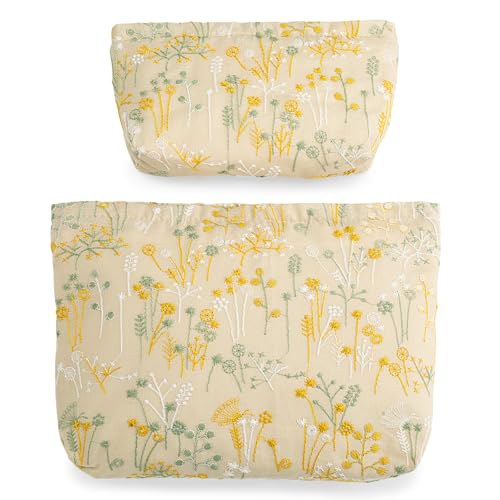 2 Pcs Makeup Bags, Large Cosmetic Bag Travel Toiletry Bag Organizer for Women, Embroidery Craft, Floral Makeup Bag Small Cosmetic Pouch Purse with Zipper Gifts for Girls Teen - color: A03-Yellow