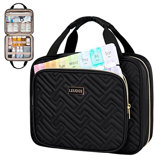 Leudes Travel Pill Bottle Organizer,Medicine Organizer and Storage,Home Medication Bag, Cases,Carrier for Pills,Vitamin,Fish Oil,Supplements for Women and Men (Large, Black) - color: Black, size: Large