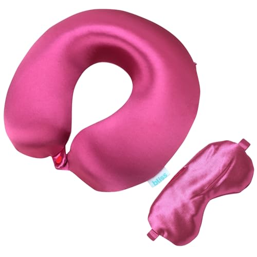 Bliss Neck Pillow Set - Lightweight U-Shaped Memory Foam Satin Travel Neck Pillow with Snap Closure and Matching Eye Mask for Airplane, Car, Office, and Camping, Size One Size, Magenta - color: Magenta