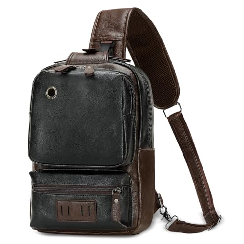 Vintage PU Leather Sling Backpack for Men, Crossbody Bag, Adjustable Shoulder Strap (Black) - color: Dark Black