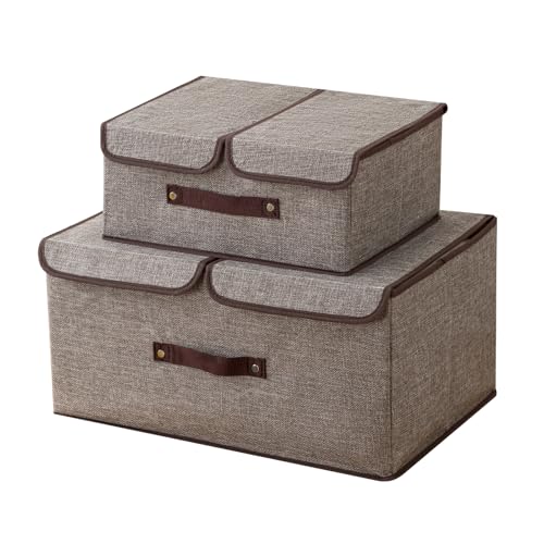 Linen Fabric Storage Bins with Lids and Dividers 2-Pack, 15L Collapsible Closet Organizers, Foldable Divided Boxes for Clothes, Beige Linen Closet Organization(Grey) - color: Grey, size: 2Pack*15L