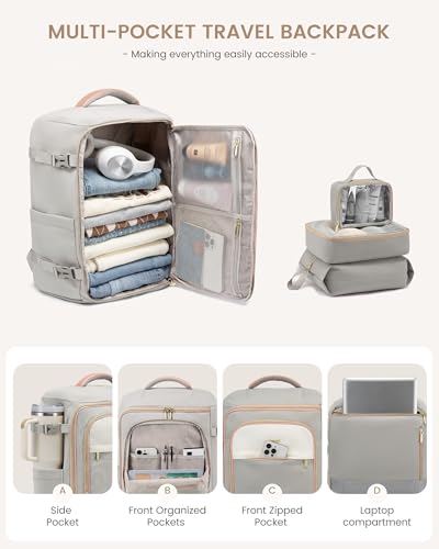 LOVEVOOK Travel Backpack for Women/Men, Personal Item Bag with 3 Packing Cubes Fits 17" Laptop, 50L Travel Backpack Carry on Flight Approved, Water-resistant Carry On Bag for Airplanes - color: Gray & Pink, size: 50L-4PCS
