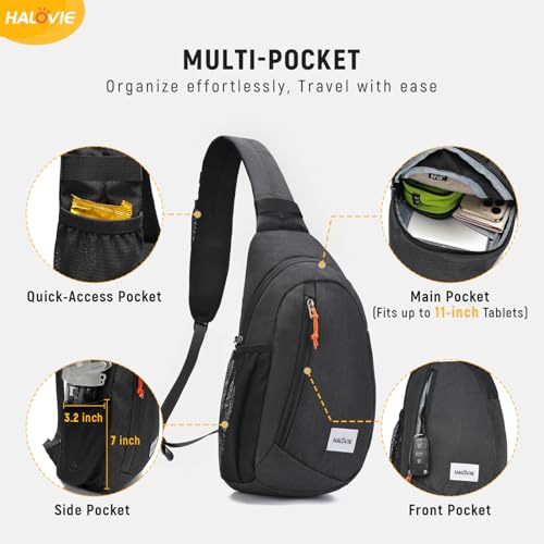 HALOVIE Anti Theft Crossbody Sling Bag RFID Travel Sling Backpack Lightweight Hiking Shoulder Chest Bag for Walking Work - color: Black