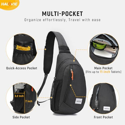 HALOVIE Anti Theft Crossbody Sling Bag RFID Travel Sling Backpack Lightweight Hiking Shoulder Chest Bag for Walking Work - color: Black