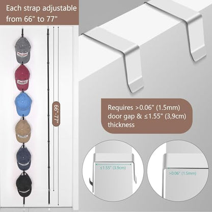 Over The Door Hat Organizer for Baseball Caps, Anti-Drop S Hooks, Holds 12-36 Caps, Adjustable Door Hat Rack, No Drill Installation, Also Great for Bags & Accessories