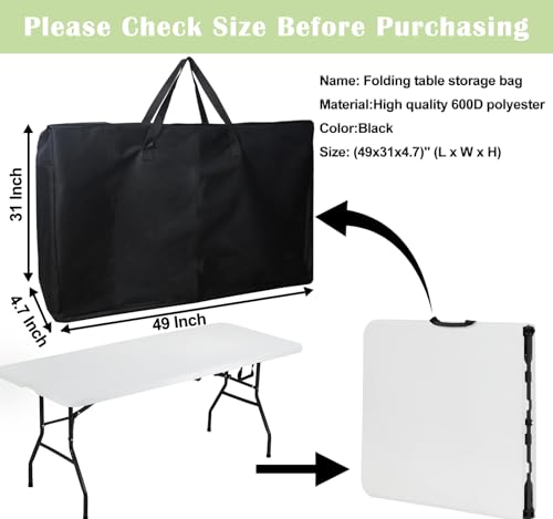 4/6/ 8 Foot Folding Table Storage Bag, Waterproof Heavy Duty Large Carrying Bag for Folding Tables, Picnic/Camp Tables Cover with Durable Zipper & Shoulder Strap, 31" D X 49" W X4.7 H, Black - size: 8FT Folding Table Bag