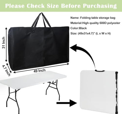 4/6/ 8 Foot Folding Table Storage Bag, Waterproof Heavy Duty Large Carrying Bag for Folding Tables, Picnic/Camp Tables Cover with Durable Zipper & Shoulder Strap, 31" D X 49" W X4.7 H, Black - size: 8FT Folding Table Bag
