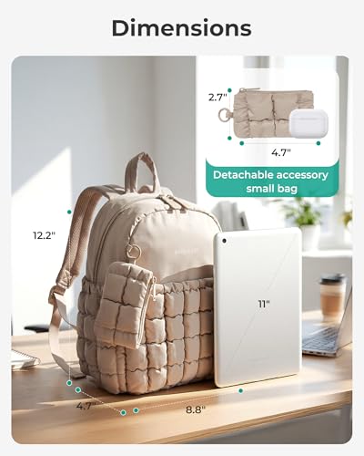 BAGSMART Mini Backpacks for Women, Puffy Checkered Quilted Small Backpack with Pouch, Lightweight Daypack Purse, Water-Resistant Bookbag for Daily Travel College, 2-in-1 Set, Brown - color: Latte Brown