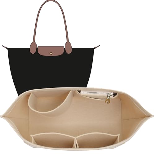 Felt Purse Organizer Insert Compatible with Longchamp Le Plaige M Tote Bag, Zipper Long Champ Medium Organizer with Cup Holder, 8 Compartments Bag Insert(Beige,M) - color: Beige, size: M Tote Bag (Long Handle)