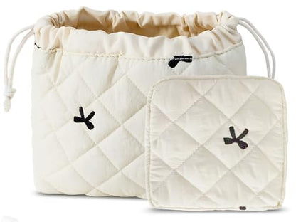HAPPYHEIDI Quilted Nylon Drawstring Makeup Bag Set 2 Compartment Cosmetic Toiletry Travel Pouch, Purse Organizer, Creamy White Embroidery Bow - color: KJM-Quilted Cotton Pouch with Compartment Set of 2- Embroidery Bow