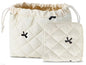 HAPPYHEIDI Quilted Nylon Drawstring Makeup Bag Set 2 Compartment Cosmetic Toiletry Travel Pouch, Purse Organizer, Creamy White Embroidery Bow - color: KJM-Quilted Cotton Pouch with Compartment Set of 2- Embroidery Bow